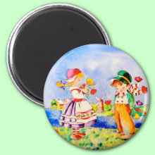 Chosen One Magnet - A Dutch boy and girl picking flowers, the boy has chosen one for his friend.