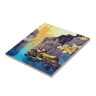 Chou Xing Hua Suzhou Scenery river sunset painting Tiles