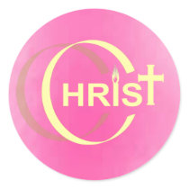 Christ Croix Flamme Jaune pale fond motif rose Round Sticker