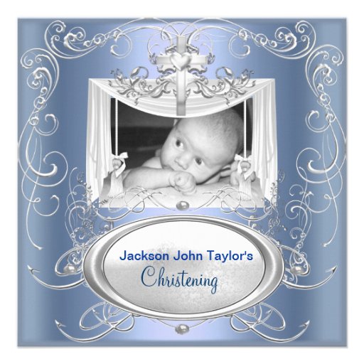Christening Baptism Baby Boy Silver Blue Cross Custom Announcements