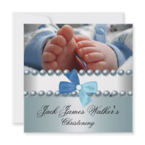 Christening Boy White Blue Pearl Bow Photo Custom Invite