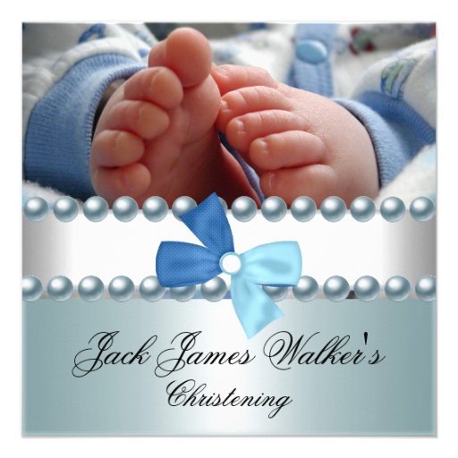 Christening Boy White Blue Pearl Bow Photo Custom Invite