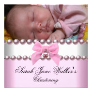 Christening Girl Pink White Pink Pearl Photo Custom Invites