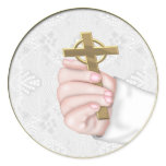 Christening Hand Cross Round Sticker