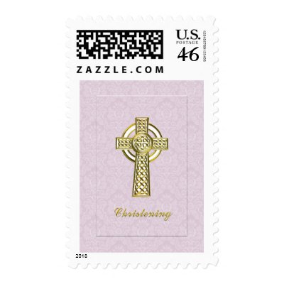 Christening Pink Damask Gold Cross Postage Stamps