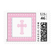 Christening Postage Stamp - Pink Cross