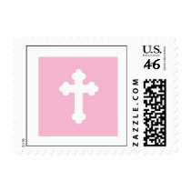 Christening Postage Stamp - Pink Cross