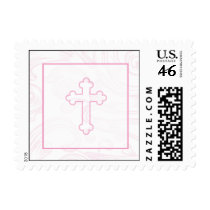 Christening Postage Stamp - Pink Scroll Cross