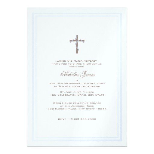 Christening Soft Blue and Brown Announcement