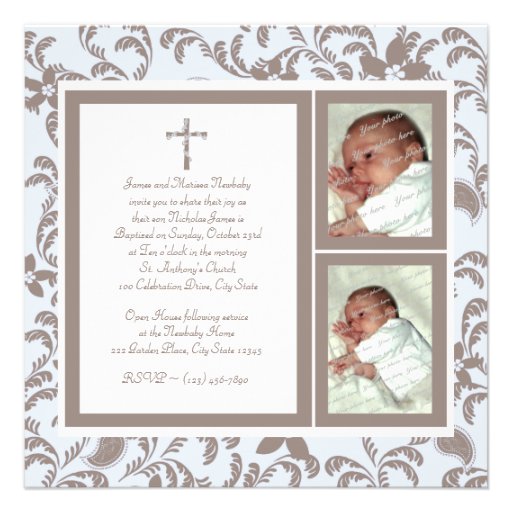Christening Soft Blue and Brown Paisley Photo Personalized Announcement
