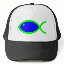 Christian Fish Symbol - Blue with Green hats