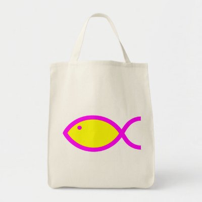 Religious Tote Bags on Christian Fish Symbol   Yellow With Pink Tote Bags By Christianfish