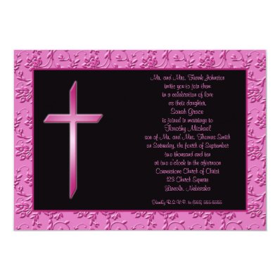 Christian Pink Cross on Black Wedding Invitation