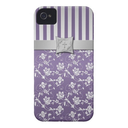 Christian Purple and Silver Floral Stripes iPhone 4 Case