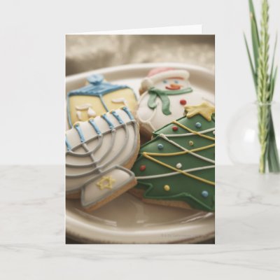 Christmas and Hanukkah cookies on plate, Card