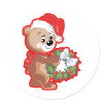 Christmas Bear with Wreath Round Sticker