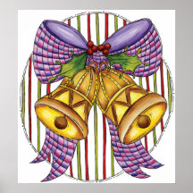 Christmas Bells with Ribbons, Bow and Holly Print