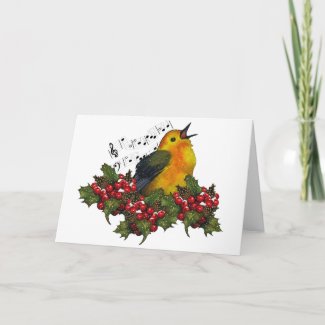 Christmas Bird Singing With Hollly, Berries Card