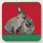 Christmas Bunny Rabbits Santa Hat Red cork coasters