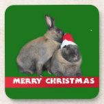 Christmas Bunny Rabbits with Santa Hat New Year cork coasters