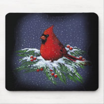 CHRISTMAS CARDINAL: BIRD: ART: SNOW MOUSEPADS