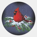 CHRISTMAS CARDINAL: BIRD: ART: SNOW ROUND STICKER