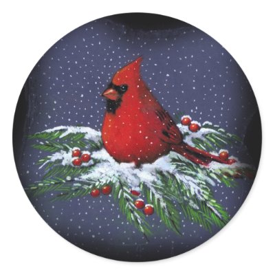 Cardinal Bird Snow on Christmas Cardinal  Bird  Art  Snow Round Sticker From Zazzle Com