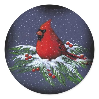 CHRISTMAS CARDINAL: BIRD: ART: SNOW round sticker