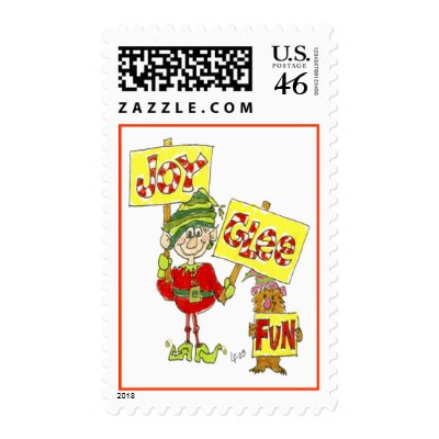Christmas Cartoon Elf Postage Joy Glee Fun Stamp by zooogle