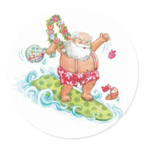 Christmas Cartoon Surfing Santa Claus Round Stickers