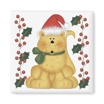 Christmas Cat And Holly Christmas Magnet