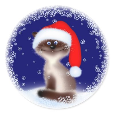 Christmas Cat in Santa Hat round stickers
