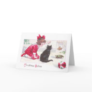 Christmas Cat Watches Turtle Pull Toy Vintage card