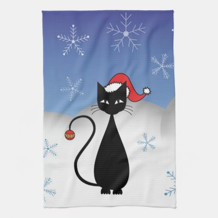 Christmas Cat with Snowflakes Kitchen Towel