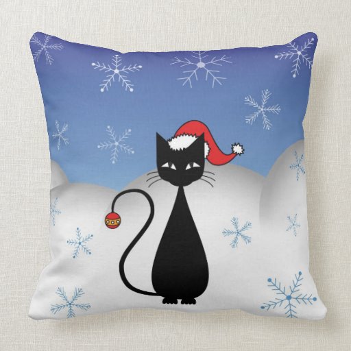 Christmas Cat with Snowflakes Throw Pillows