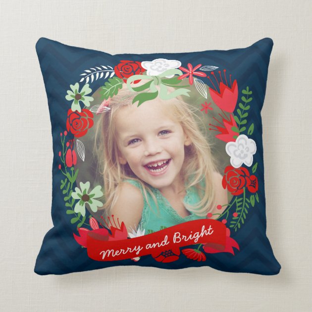 Christmas Chevron Floral Wreath Photo Personalized Pillows