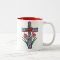 Christmas Cross with Amaryllises and Poinsettia mugs
