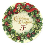 CHRISTMAS CROWN WITH MISTLETOES AND HOLLY BERRIES ROUND STICKERS