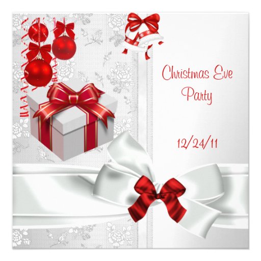 Christmas Eve Party Elegant Lace White Red Ribbon Custom Announcements (front side)