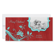Christmas Family Photo Card Icy Blue & Red floral photo cards by spacards Christmas Family Photo Card Icy Blue & Red floral photo cards