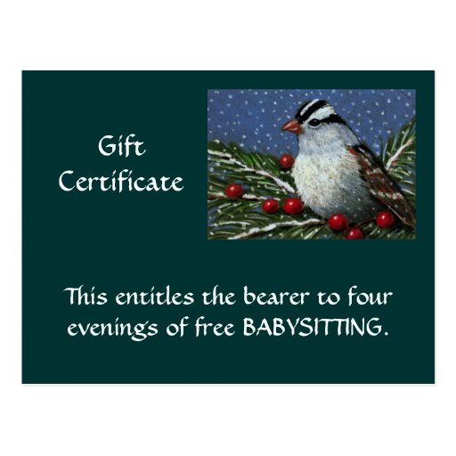 CHRISTMAS GIFT CERTIFICATE: ARTWORK: BIRD POST CARD