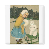 Christmas Girl & Snowman Vintage Art magnets by MyOtherPlanet Christmas Girl & Snowman Vintage Art magnets