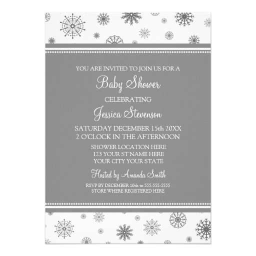 Christmas Gray Snowflake Custom Baby Shower Custom Announcements