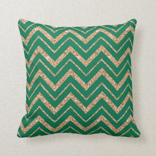 Christmas Green with Faux Gold Glitter Chevron Pillows