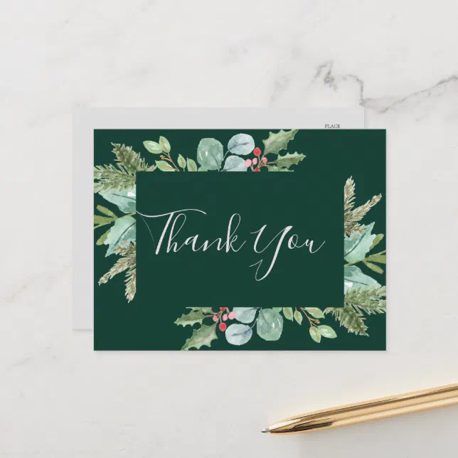 Christmas Greenery Green Thank You Postcard Zazzle