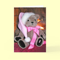 Christmas Greeting Card-Teddy bear in pink hat. cards