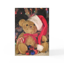 Christmas Greeting Card-Teddy Bear in red hat.