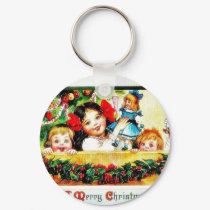 Christmas greeting kids playing with toys keychains