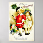 Christmas greeting with a boy holds a stick and st print