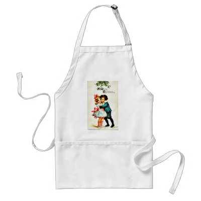 Christmas greeting with a boy hugs a girl aprons